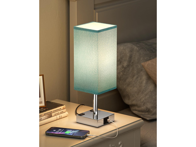 Turquoise Touch Table Lamp for Bedroom - Dimmable, USB C+A, 2 AC Outlets 3-Way Dimming, 3000K Bulb Included, Square Teal Lampshade and Silver Base,...