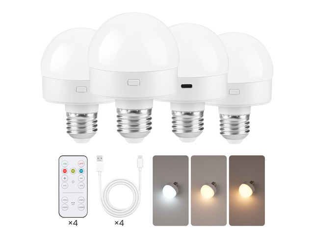 Rechargeable Light Bulbs with Remote Control 4 Packs, Battery Operated Light Bulbs with Timer & 3 Color Temperature, Dimmable Detachable Wireless...