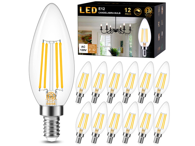 12 Pack Dimmable E12 LED Candelabra Bulb 3000K Soft White 60W 600LM CRI 85+ AC 120V Type B Bulb for Chandeliers, Ceiling Fans, Clear Glass Candle...