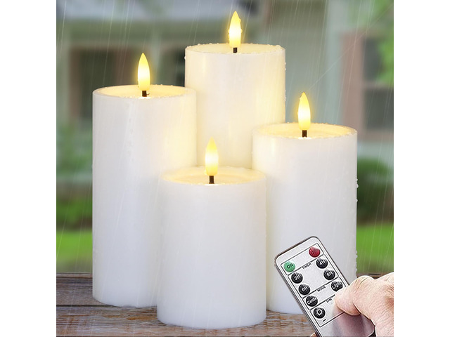 Outdoor 4pcs Flameless Waterproof Candles with Handy Remote Control, Cycle Timer Battery Operated Candle Grease Effect LED Flickering Pillar...