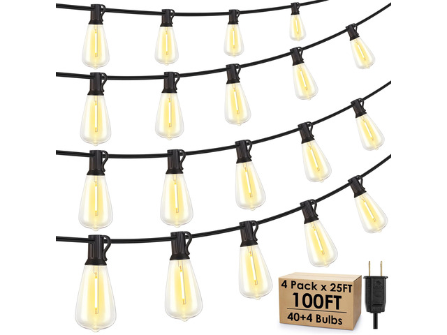 100FT(4x25FT) Outdoor String Lights, Patio Lights with 40+4 LED Dimmable Waterproof Linkable ST38 Edison Bulbs for Gazebo Camping Party, Black