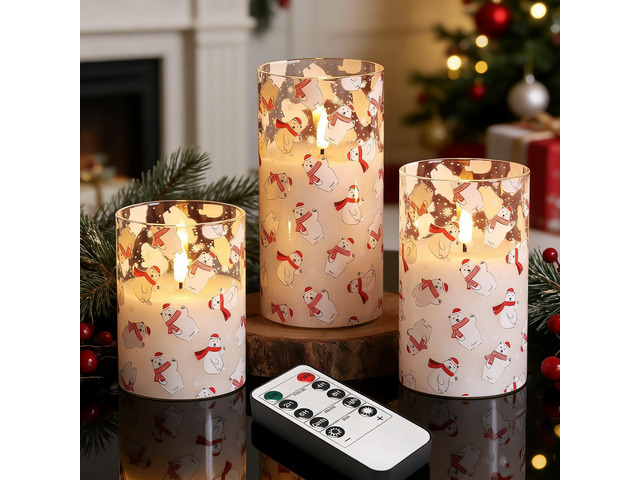 Christmas Glass Flameless Pillar Candles with Remote, Flickering LED Battery Candles Bear Holiday Winter Table Decor Gift Set of 3