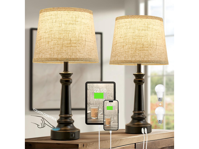 Touch Lamps for Nightstand Set of 2 - Black Table Lamp for Bedroom Dimmable Bedside Lamp with USB C+A Ports - Lamps for Night Stands Living Room...