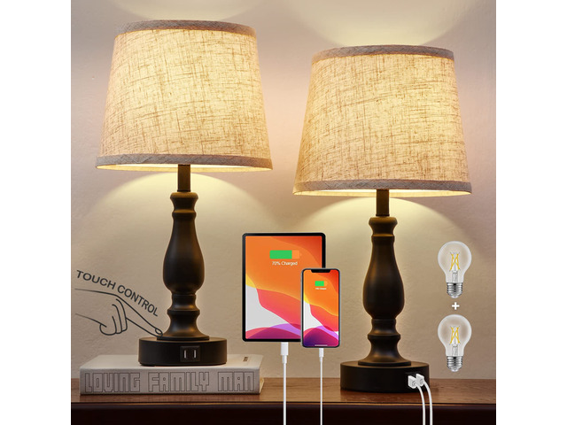 Table Lamps Set of 2, Bedside Nightstand Lamps with USB Charging Ports,Dimmable Touch with Linen Fabric Lampshade, Modern Small Lamp for Bedrooms,...