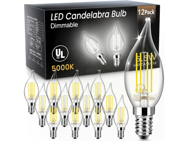 LED Candelabra Light Bulb, Chandelier E12 Light Bulb, 60W Equivalent Candle Flame Tip 2700K, 5.5W 600LM, Dimmable, E12 Base, CA11, 80+ CRI, Clear...