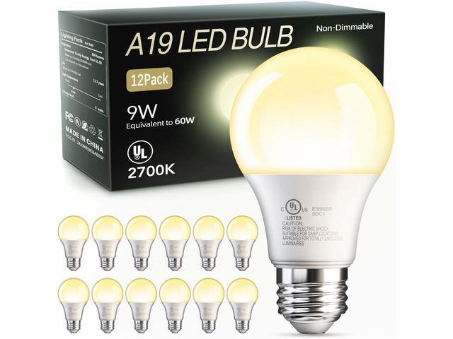 12 Pack A19 LED Light Bulbs 60 Watt Equivalent, Soft Warm White 2700K 9W Non-Dimmable E26 Base Energy Saving Warm Light Bulb for Home Bedroom,...
