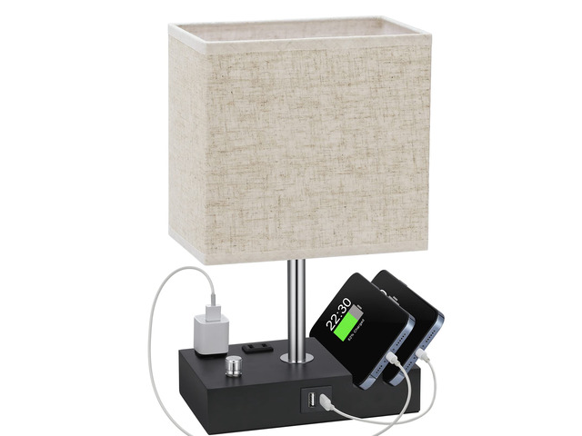 Beige Table Lamp for Bedroom - Stepless Dimmable, USB C+A, 2 AC Outlets Dimming By Rotary Knob, USB C+A Ports, 2 Phone Stands, LED Bulbs Included,...