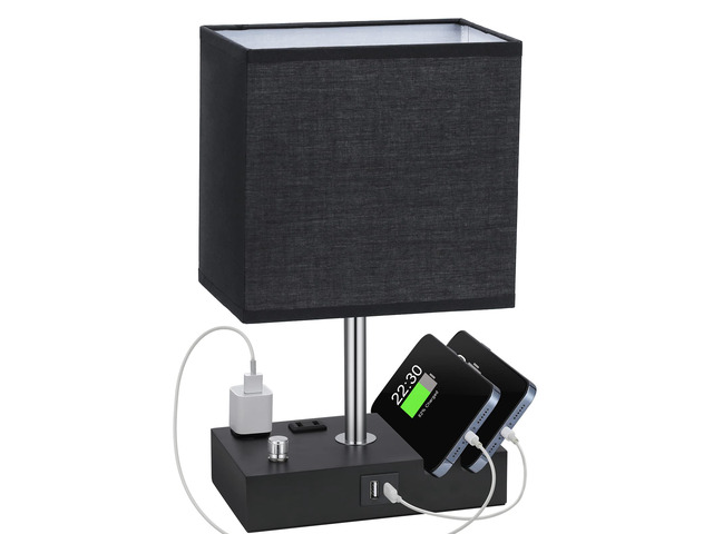 Black Table Lamp for Bedroom - Stepless Dimmable, USB C+A, 2 AC Outlets Dimming By Rotary Knob, USB C+A Ports, 2 Phone Stands, LED Bulbs Included,...