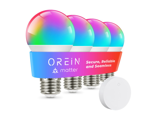 Matter Smart Light Bulb, A19 RGBTW Color Changing, 4 Pack with Remote 800lm 60W Equivalent Alexa Light Bulbs Works with Alexa/Apple Home/ Google...