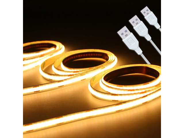 COB LED Strip Lights, 3000K Warm White, 5V USB 3 Pack (3.28FT/1M) 5W LED Small Strip, Not Dimmable, Flexible, For Indoor Home DIY TV Room Decor