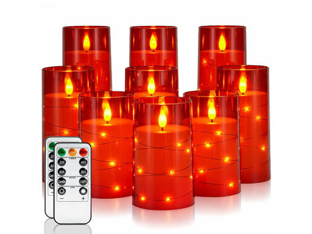 Flickering Flameless Candles, Red LED Pillar Candles with Remote 9 Pack Christmas Candles Battery Operated with Timer and Embedded Star String...