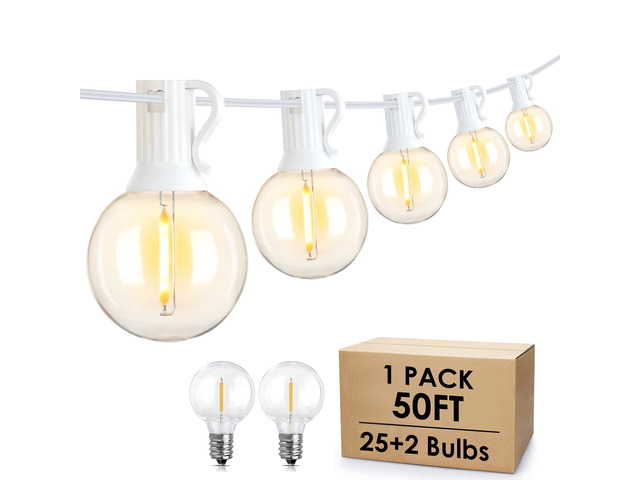 50Ft Outdoor String Lights, G40 Globe Patio Lights with 25+2 Waterproof Shatterproof LED Bulbs for Balcony Porch Bistro Deck-White Wire