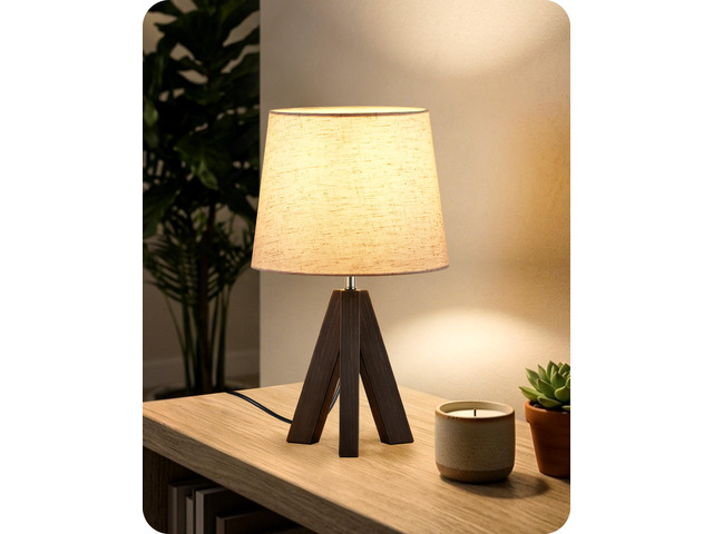 Small Table Lamp for Bedroom, 14.6' Bedside Lamp with Beige Linen Shade & Walnut Wood Tripod Base, Modern Nightstand Lamp for Living Room, Nursery,...
