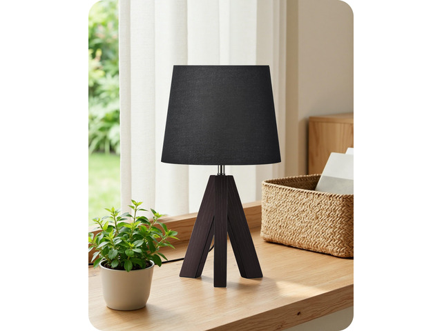 Small Table Lamp for Bedroom, 14.6' Bedside Lamp with Black Linen Shade & Walnut Wood Tripod Base, Modern Nightstand Lamp, Blak Lamp for Living...