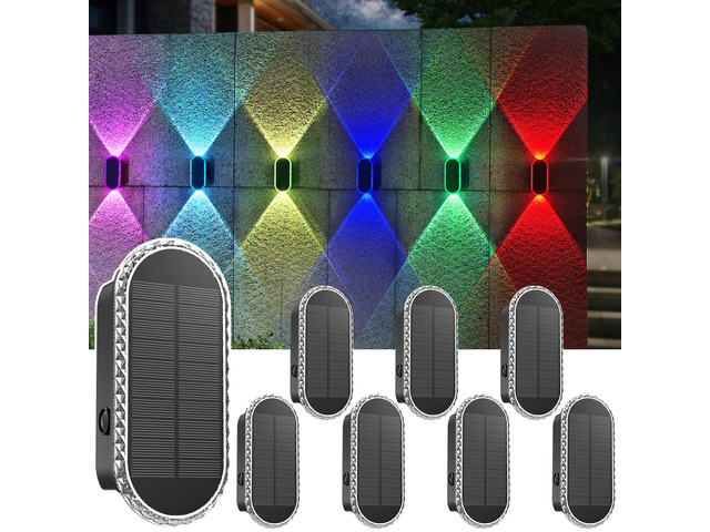 8PK Solar Fence Lights - Outdoor Solar Lights, Warm White & RGB, Up & Down Lighting, Waterproof, Easy Installation
