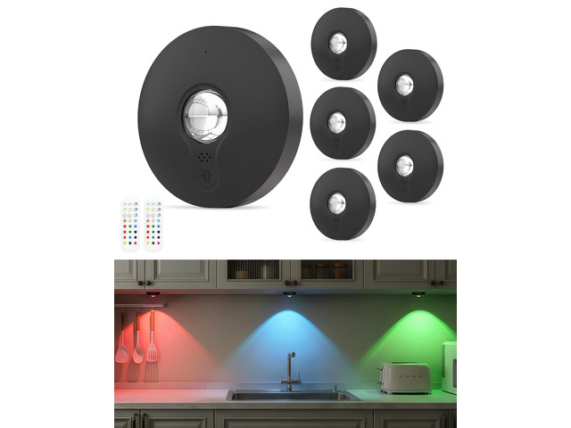 RGB Rechargeable Puck Lights with Remote Control, 1500mAh Battery Operated Tap Lights, Dimmer & Timer Under Cabinet, Wireless LED Stick-On for...