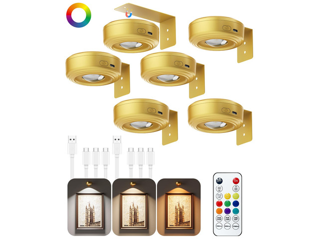 3.3' Picture Lights for Wall Spotlight, 2000mAh Rechargeable, 6Pack, Gold RGB & 3-Color-TempRemote & Touch ControlMagnetic Lights for Photo...