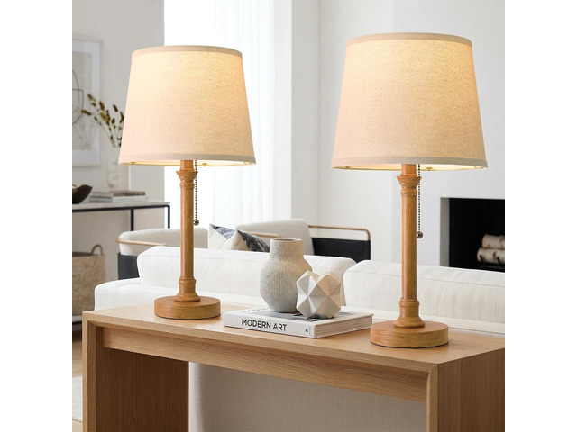 19.5' Wood Grain Rustic Table Lamps Set of 2 for Living Room Bedroom Pull Chain Switch Bedside Table Lamps, White Linen Shade, Small Desk Lamp for...