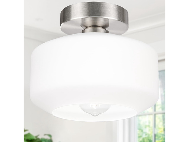 Industrial Semi Flush Mount Ceiling Light Brushed Nickel, 800 Lumen LED Bulb Included, Milky White Glass Shade Farmhouse Light Fixture for Hallway...