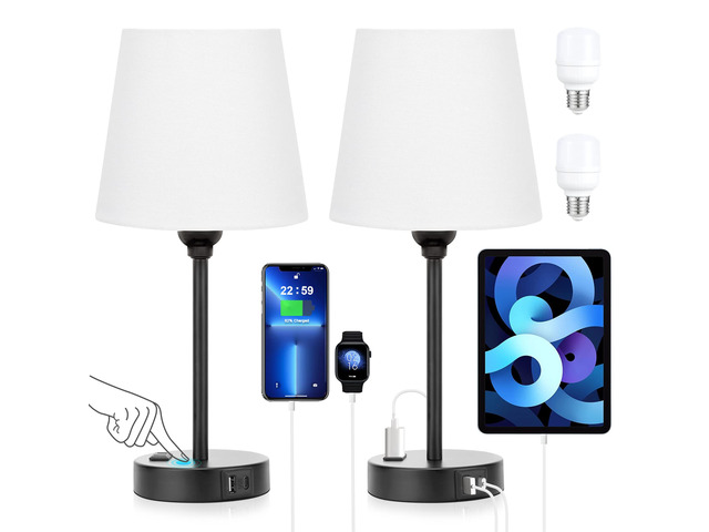 White Bedside Lamps Set 2 for Bedroom - Dimmable Touch, USB C+A, AC Outlet 14.5' Mini Lamp, 3-Way Dimmable, LED Bulbs Included, White Barrel Fabric...