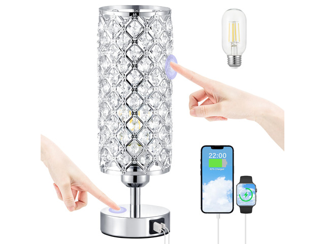 Sliver Crystal Table Lamp with Touch Control, Bedroom Light for Nightstand USB-C+A Ports, 3 Way Dimmable, Bedside lamp, Decorative Modern Elegant...