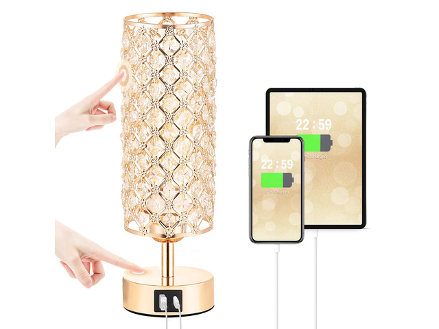 Gold Crystal Touch Lamp for Bedroom with USB-C/A, Bulb Included Table Lamp, Bedside Lamp for Nightstand, 3 Way Dimmable Light, with Crystal...