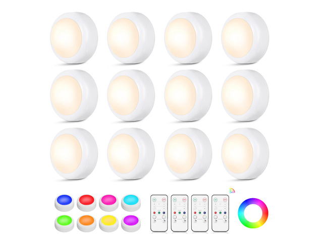 LED Puck Lights with Remote Control, 16 Color Changing Under Cabinet Lighting with Dimmer & Timer, AAA Battery Operated,Under for Closet Bedroom...