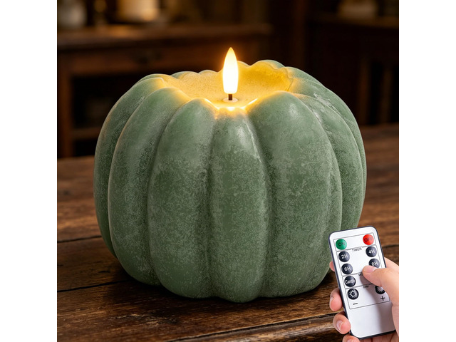 Fall Decorations for Home, Large Flameless Pumpkin Candle, Sage Green Sage Green and Fall Decor for Home, Room, Kitchen, Table, House, Wax, Remote...