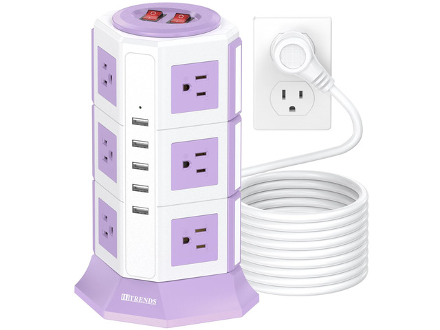 Purple Tower Power Strip with 12 AC Outlets and 5 USB Ports, 1050J Overload Protection, 16AWG 15 Ft Flat Plug Extension Cord, Space Saving Vertical...