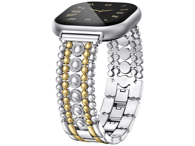 Metal Bands Compatible with Fitbit Sense 2/Versa 4/Versa 3/Sense Bands Women, Pretty Dressy Stainless Steel Metal Dual Tone Adjustable Round...