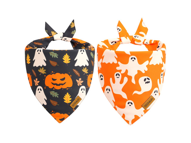 Halloween Dog Bandanas - 2 Pack Fall Dog Bibs Reversible Pumpkin and Ghost Pet Scarf for Boys and Girls Premium Durable Fabric Orange Dog...