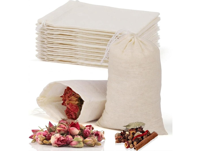 10 Pcs Muslin Drawstring Bags - Natural Unbleached Cotton Cheesecloth Bags for Tea, Coffee, Spices, Broths & More (4 x 3 Inches)