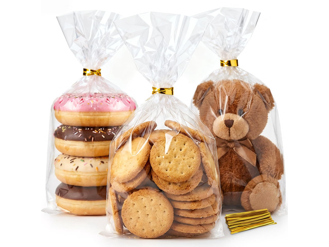 Cellophane Treat Bags 100 Pack with Twist Ties, 6Ã—10 Inch Clear Cello Bags, Food-Grade Plastic Gift Bags for Cookies, Candy, Party Favors.