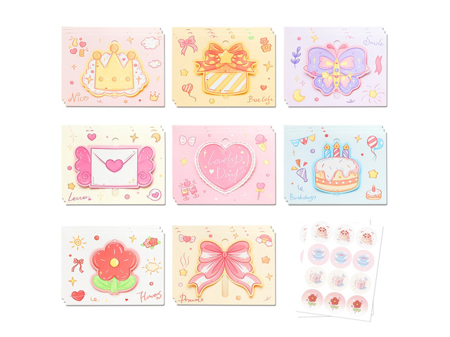 24 Pack Cute 3D Pop Up Greeting Cards with Envelopes and Stickers, Assorted Cartoon Birthday Blank Cards Bulk, Lovely Butterfly Crown Flower Cake...