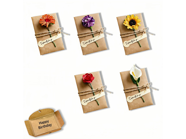 Handmade Vintage Kraft Paper Greeting Cards Set of 5,Rose,Calla,Carnation,Sunflower,daisy4.3x6.9 inch,with Envelopes,Jute Stickers,Blank Thank You...