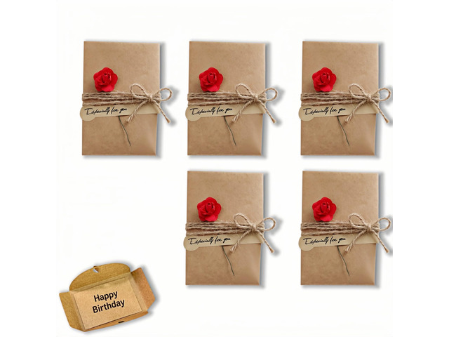 Handmade Vintage Kraft Paper Greeting Cards Set of 5, 2.76x4.13 inch, with Envelopes,(Rose) Dried Flowers,Jute & Stickers, Blank Thank You Cards...