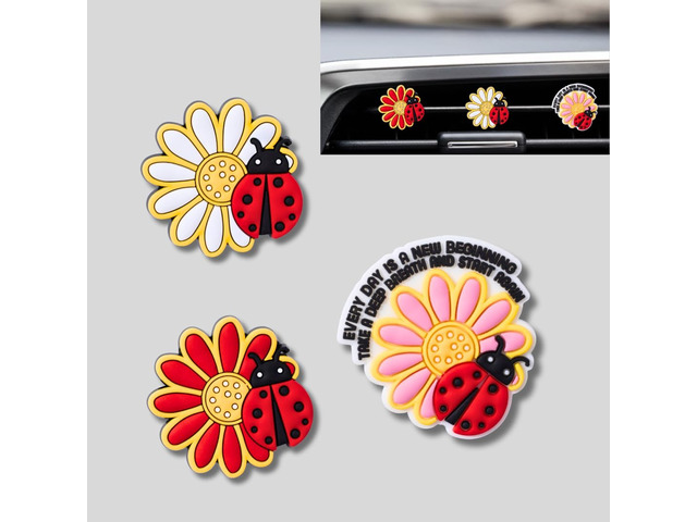 Flower Car Vent Clips Set, Daisy Car Accessories for Women, 3 Pack Flower Air Vent Clips with Ladybug Design, Floral Cars Decor Gifts for Women and...