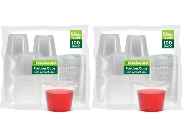 Plastic Portion Cups with Lids [5.5 Ounce, 100 Sets] Souffle Cups, Jello Shot Cups, Condiment Sauce Containers For Sampling, Sauce, Snack or...