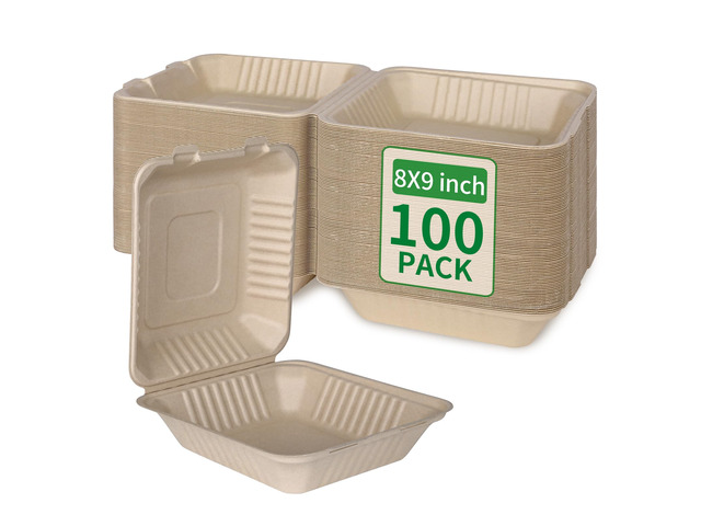 Disposable 100 Pack 8×9 Inch Takeout Lunch Box Containers with Lids Compostable and Eco-Friendly Biodegradable Bagasse To Go Containers, PFAS-Free,...