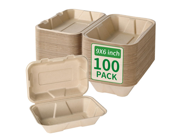 Disposable 100 Pack 9×6 Inch Takeout Lunch Box Containers with Lids Compostable and Eco-Friendly Biodegradable Bagasse To Go Containers, PFAS-Free,...