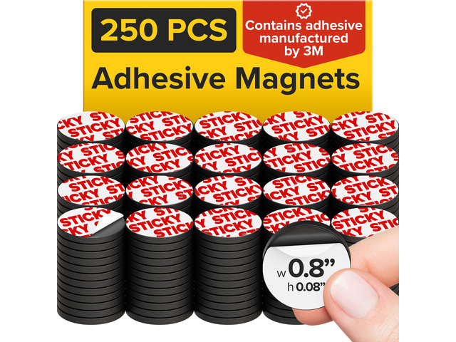 Sticky Flexible Adhesive Magnets for Crafts, 0.8'x0.08' (20x2mm), 250 pcs Flexible Sticky Magnetic Dots for Office & School Supplies, Whiteboard,...