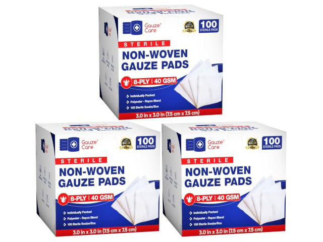 Thick Non-Woven Sterile 3x3 Pads Pack of 300 8-ply Sponges Individually Packed, Soft and Lint-Free Medical Pads for Enhanced Absorption and Wound...