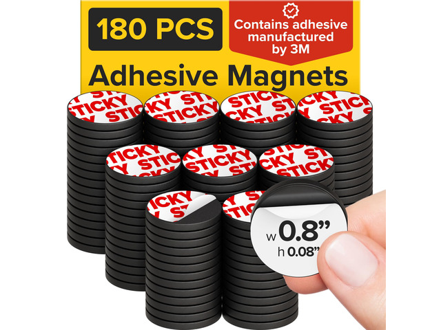 Sticky Flexible Adhesive Magnets for Crafts, 0.8'x0.08' (20x2mm), 180 pcs Flexible Sticky Magnetic Dots for Office & School Supplies, Whiteboard,...