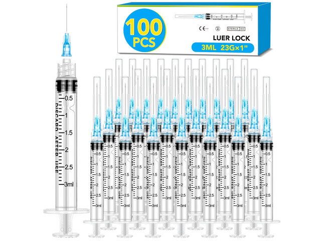 100 Pack 3ml Syringes with Needle-23Ga 1 Inch Needle with Luer Lock, Individually Sealed Packaging