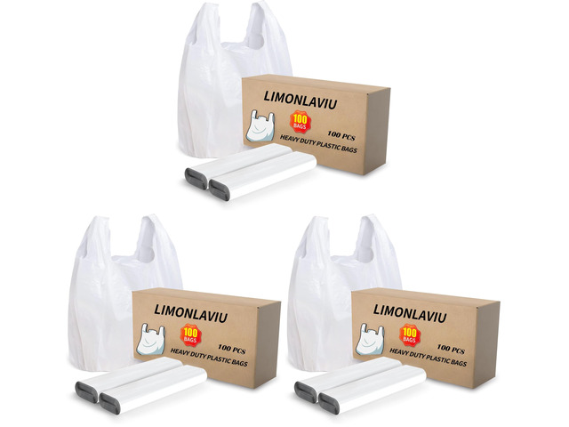 Plastic Bags - 300 Pack (11.5'x 6.5' x 21') with Handles for Small Business, Restaurants, Grocery & Trash