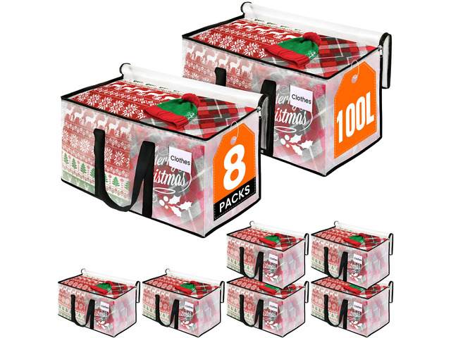 Moving Bags, Heavy Duty Large Storage Bags, 100L, 8 Pack, Clear Water-Resistant Packing Bags with Reinforced Handles & Dual Zippers, Foldable...