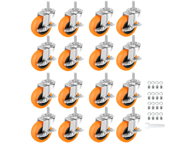 Caster Wheels with Threaded Stem, 3 Inch Locking Swivel Casters Set of 16 3/8'-16 x 1 (Screw Diameter 3/8', Length 1') Polyurethane Swivel Castors,...