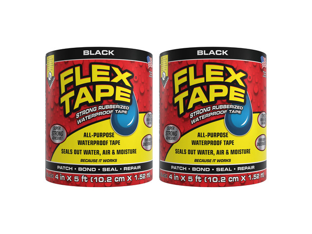 Strong Rubberized Waterproof Tape, Black, 4 in x 5 ft, 2-Pack Patch, bond, seal, repair, works underwater, strong adhesive, roof leaks, gutters,...