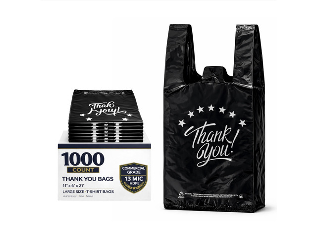 1000 Count Black Thank You T-Shirt Bags Reusable & Disposable Grocery & Supermarket Carry Bags, 11'x6'x21'