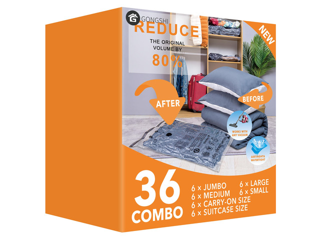 Vacuum Storage Bags for Clothing, 36-Piece Set 6 Jumbo, 6 Large, 6 Medium, 6 Small and 12 Travel Roll-Up Bags; Great for Clothes, Bedding, Luggage...